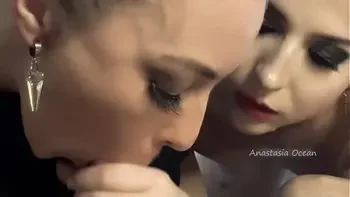 Teaching my little slut to suck dick like a pro. Double blowjob. Cumshot in two mouths