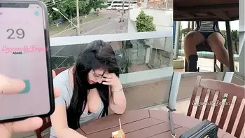 PUBLIC Sexy gorgeous brunette being teased by a guy controlling her vibrator through the cell phone while she moan and cum outdoor