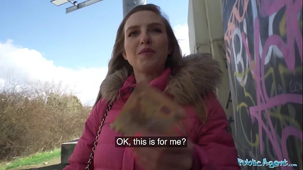 Public Agent A beautiful woman with a model looking figure gives and outdoor blowjob before fucking indoors