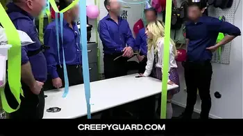 CreepyGuard-Shoplifter Minxx Marley taking the officers man meats one at a time into her mouth and pussy