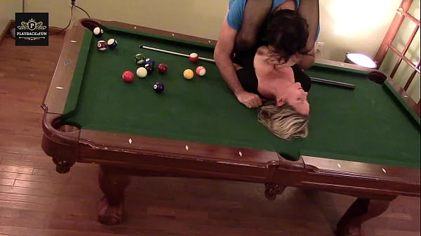 Hot MILF wife gets a hard handling on pool table. Huge tits rocking.