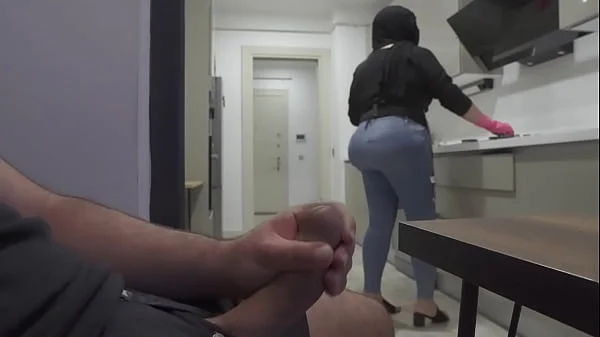 Caught jerking off while watching my Huge ass Hijab maid.