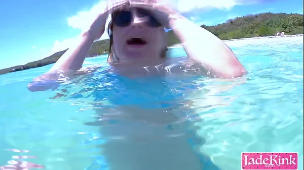 Couple on vacation public fuck at the beach underwater creampie