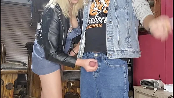 Biker chick gives me a tight handjob that leads to massive cumshot