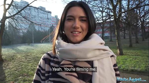 Public Agent Beautiful Brunette Biology Student Cums Over a Stranger Cock