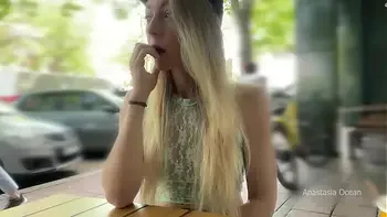 She cum outdoor with risky Public masturbation in cafe on the busy street. Transparent top, no panties, upskirt.