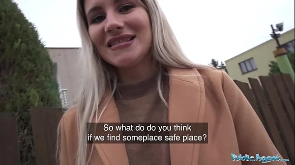 Public Agent Cute blonde flashes her perky titties for cash and fucks huge cock in a basemant