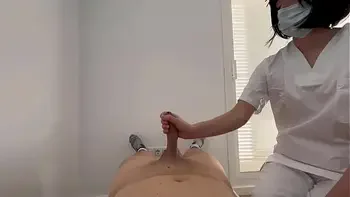 Cock waxing by a cute girl beginner who takes her hand so she gives me a handjob until I finish cumming