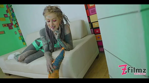 Extreme TATTOO dreadhead ANAL riding huge TOY