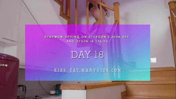 day 18 step mom stuck in stairs spying on step son stepson fucks step mother and cum inside