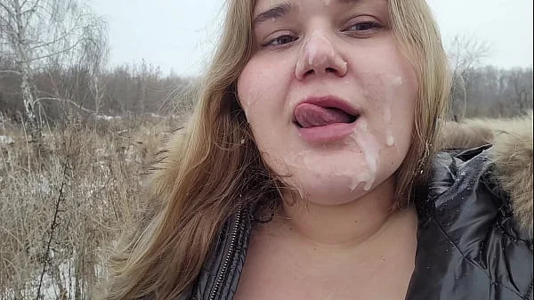 Huge facial of a cute BBW blonde with big breasts in inclement weather