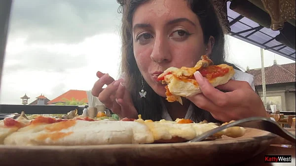 Eating pizza with cum on my face in a public cafe
