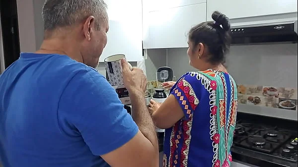 Aly sucks Apu's cock in the kitchen!