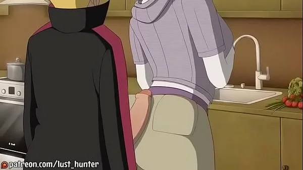 Boruto ver a Hinata lavando as louças e aproveita para por o pau nas costa dela.
