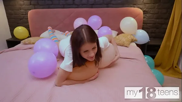 MY18TEENS - Skinny girl with small tits blows up balloons and fucks herself with a dildo