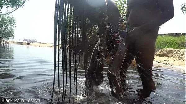 Skinny zulu hottie with perfect tits getting fucked while bathing in the river