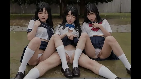 Three Japanese Girls Squirting Outdoor in Rain