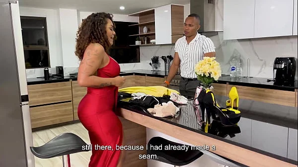 Ebony MILF maid Carla Morelli caught in red dress by Brandon Cruz and taken hard with BBC and doggy