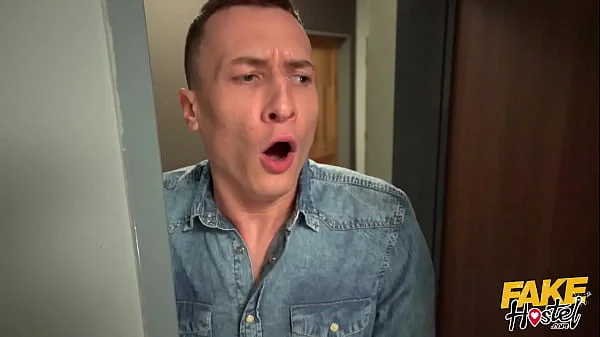 Super hot babe with perfect little pussy and natural tits fucked by big cock while her head is stuck in a bunk bed ladder - FAKE HOSTEL