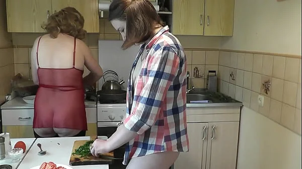 Two women. Lesbians. Two girls. Adult sexy blonde lesbian Milf and beautiful sweet cute girl in kitchen without panties. Sexy lingerie. Perfect ass Big ass mature Natural tits. Pussy Close UP. Nudists