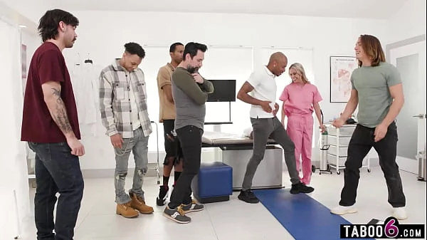 MILF nurse in an extreme double pussy fuck gangbang at work