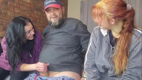 Two shy girls playing with my massive cock