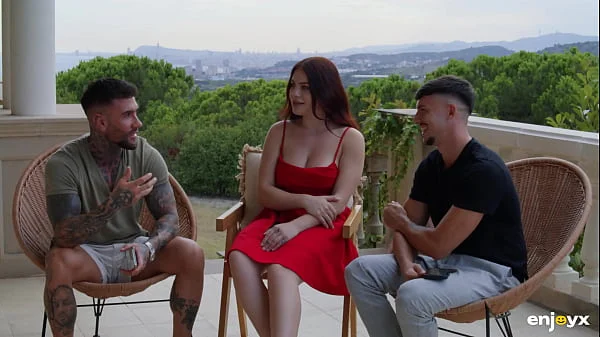 Curvy Redhead Babe in Lingerie Sucking and Fucking with Two Young Studs