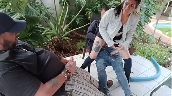 Horny stepbrother fucks virgin stepsister while his friend masturbates and cums on her boobs