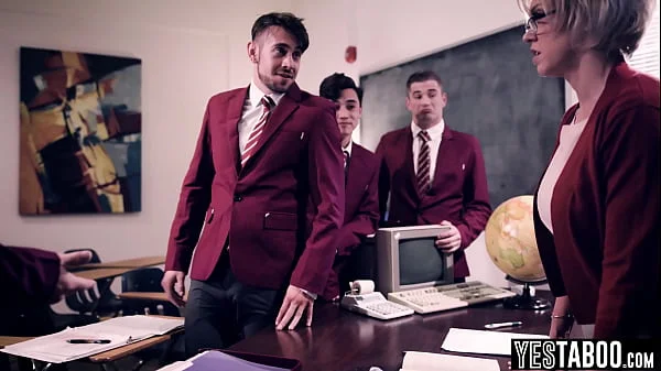 Horny students gangbang huge tits BBW mature teacher in classroom