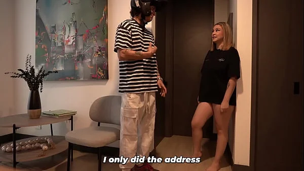 Good service! - Busty blonde ends up offering quick sex after not having cash for the delivery guy.