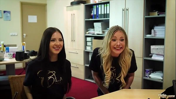 Blonde and brunette young and horny share the old man's cock and suck it deepthroat then get deep pussy fucked by him they are so hot and the old man cums in the teens mouths and they spit and lick from each other