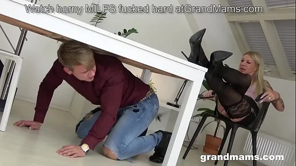 Bossy grandma spanks young boy and fucks him with strapon