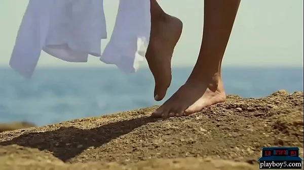 Sexy bikini teen strips naked outdoor near the sea