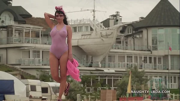 My one-piece transparent swimsuit make his...