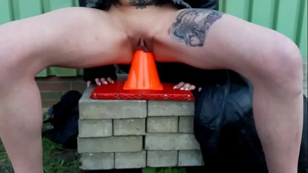 Slut Lucy fucks a traffic cone and a dildo in public