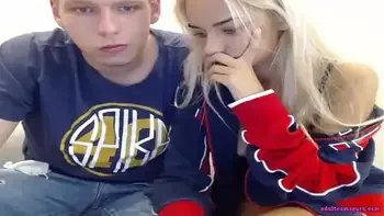 Blonde teen is making blowjob for her boyfriend at live sex webcam show