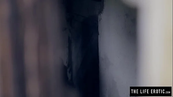 Angry girl in glasses with puffy nipples masturbates hard in the dirty alley