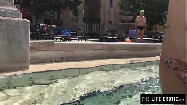 Girl almost caught masturbating in a public pool