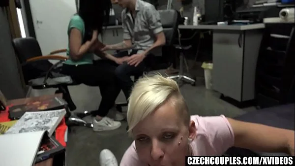 Foursome Group Sex in Public BarberShop