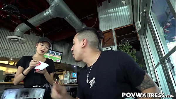 Young Asian waitress Vina Sky does anything for extra cash