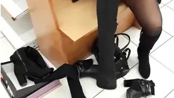 Flashing Without Panties And Crotchless Pantyhose In A Shoe Store
