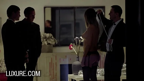 Three guys take turns on Cara Saint-Germain in hot stockings