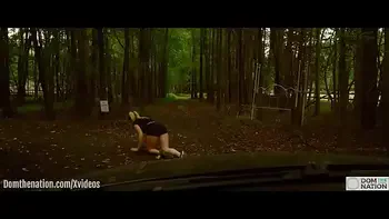 19 Year-old submissive drinks piss in woods, then crawls to the farm for her domination session