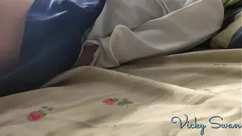 Teen in skirt and stockings uniform rubbing clit until shaking orgasm