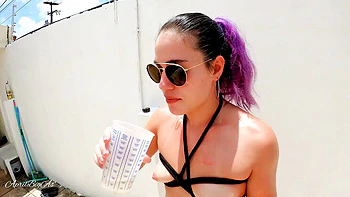 April BigAss Drinks Pee and Swallows Cum in Outdoor Garden Blowjob