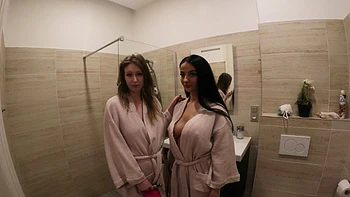 Four sexy babes with long hair fucked by two guys in a hot foursome