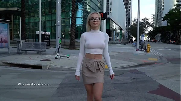 Braless walk down the street