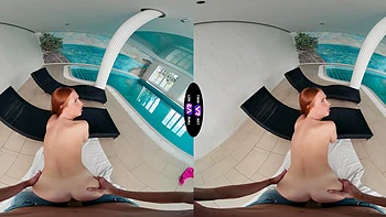 Redhead teen Holly Molly enjoys riding cock in vr, showcasing her slim figure and fiery charm.