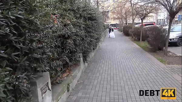 DEBT4k. Curly blonde is enjoying sex while cuckold groom is watching