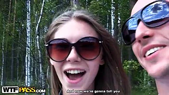 Young couple walking in the woods fucked